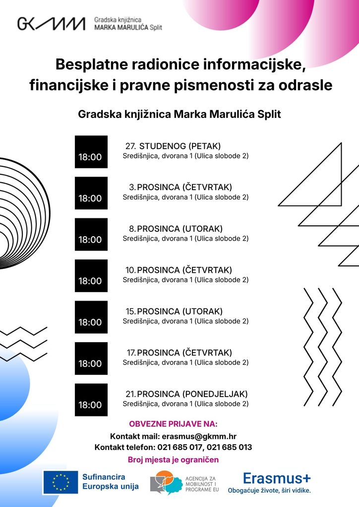 plakat za besplatne radionice informacijske, financijske i pravne pismenosti za odrasle; sve informacije su spomenute u tekstu